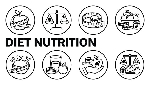 Diet nutrition icons set for healthy lifestyle and weight loss concept, healthy food and fitness symbols.