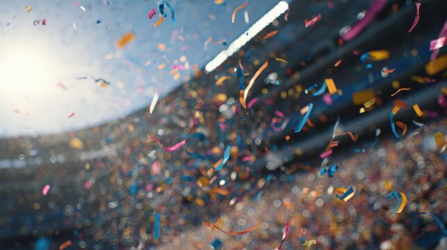 Colorful confetti falling in the air at an outdoor sports stadium during a celebration