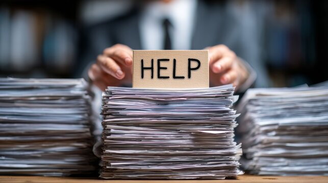 Person in suit holds help sign in front of high stacks of paperwork conveying a need for assistance in a busy office setting