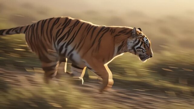 fast running tiger with orange black stripes in natural habitat during sunset