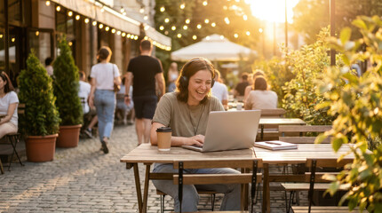 Fototapeta premium Young woman working on laptop outdoor cafe smiling with coffee cup and headphones in warm sunlight with people walking on street
