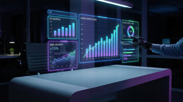 Futuristic digital interface with glowing charts and graphs showing revenue, market share, and user growth in dark modern office environment