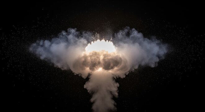 A massive explosion occurs in a dark environment producing a large cloud