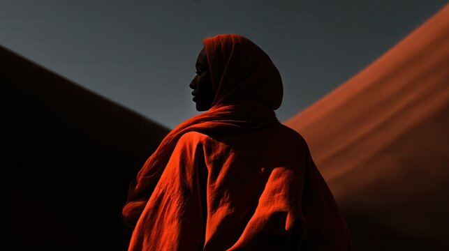 Person in orange jacket stands in desert during golden hour