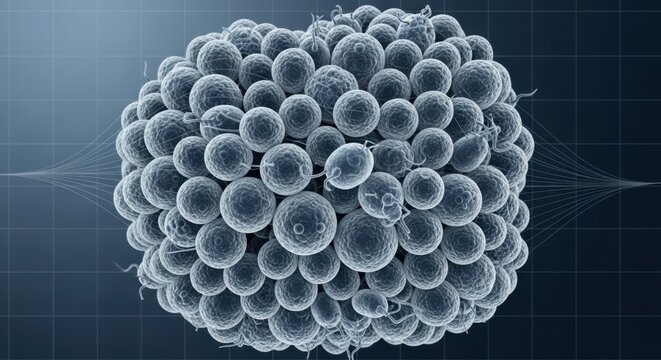 A cluster of round gray spheres are densely packed together on a dark background.