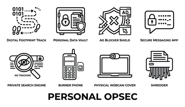 Personal opsec concepts line art icon set for digital security privacy and tracking prevention.