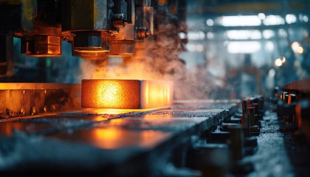 Industrial steel roller being netted during manufacturing process with heat and smoke visible