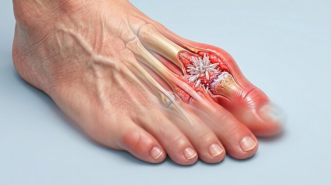 Gout in big toe joint with uric acid crystals cutaway illustration