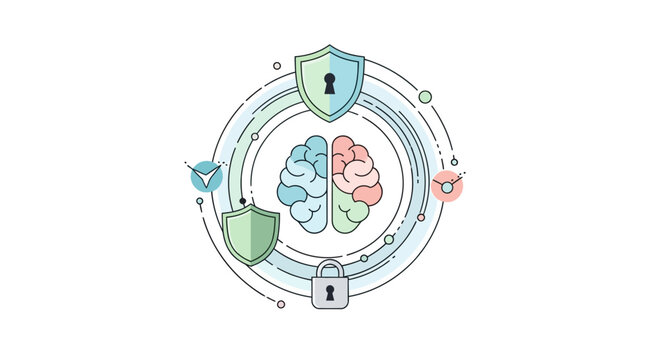 Celebrating World Intellectual Property Day, a stylized graphic features a central brain icon with security shields, locks, and abstract circular designs against a clean white background