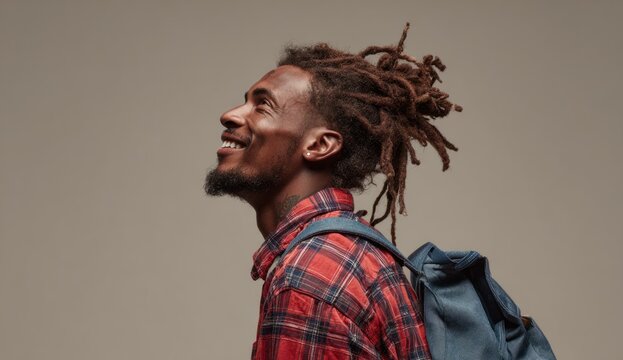 Joyful young black man with dreadlocks wearing red plaid shirt and backpack expressing happiness and confidence