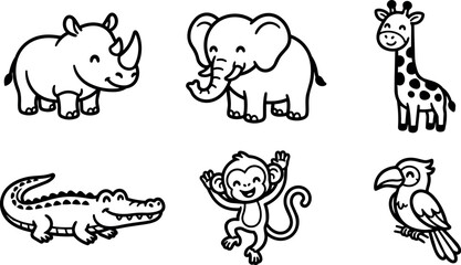 Obraz premium Smiling rhino elephant giraffe crocodile monkey and toucan vector illustration