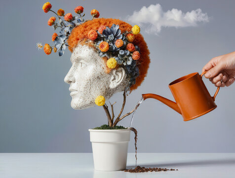 Watering can pours water on plant shaped like a human head