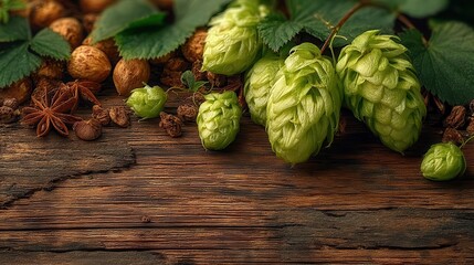 Fototapeta premium Hop twig on wooden table with beer ingredients
