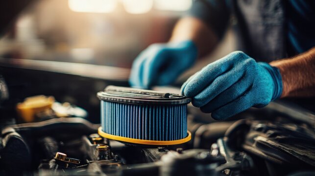 Mechanic in blue gloves replacing air filter in car engine compartment during maintenance process