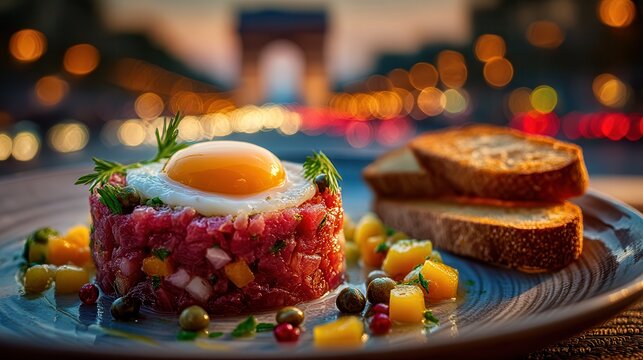 Steak tartare served in Paris with evening city view