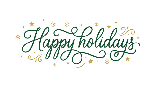 Elegant green script calligraphy happy holidays text on white background with gold decorative snowflakes and stars, ideal for christmas greeting cards, festive marketing and seasonal banner