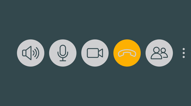 Minimalist user interface icons for video conferencing featuring microphone camera and end call buttons on dark background, ideal for virtual meeting apps, remote work and corporate webinars