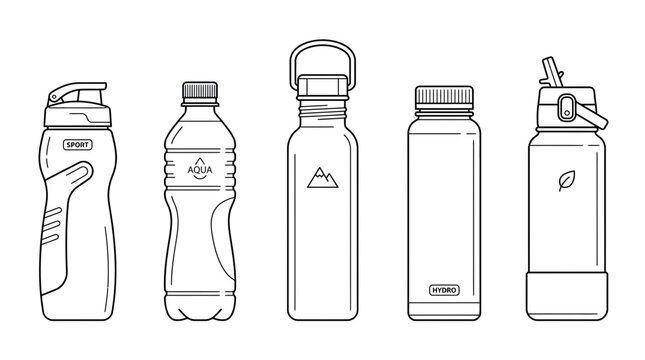 Minimalist line art icons of reusable and plastic water bottles in flat vector style, ideal for hydration awareness campaigns, eco-friendly lifestyle graphics and fitness branding materials