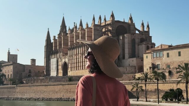 Woman with Hand Gesture Walking by Palma Cathedral in Mallorca