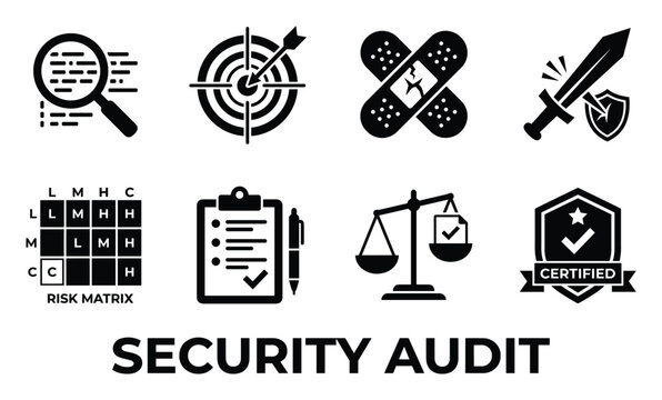 Set of eight security audit icons including magnifying glass, target, band-aids, sword shield, risk matrix, clipboard, scales, certified.