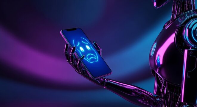 A sleek metallic robot holds a mobile phone with a glowing digital face displaying an anxious expression in a dark futuristic setting, glowing, expressive, electronic