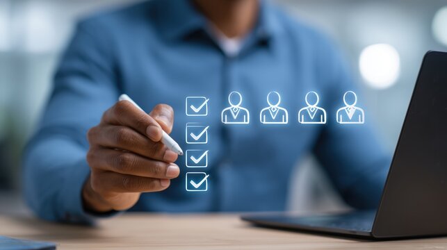 a focused shot captures a person's hands and upper torso the person, dressed in a blue button up shirt, is holding a white stylus in their right hand, pointing towards the center Generative AI