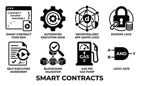 Smart contracts icons with code gear dApp lock agreement validator gas pump and logic gate.