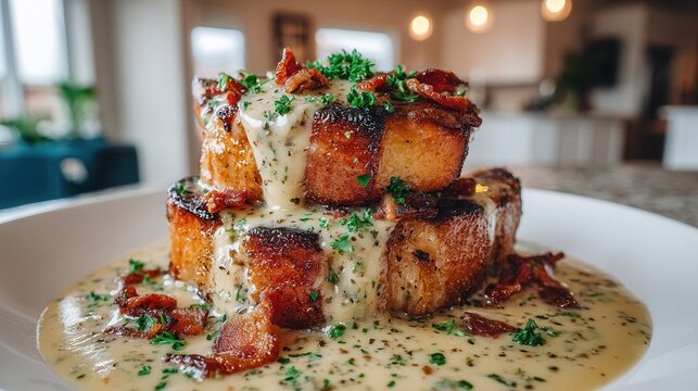 Savory pork chops in creamy sauce with crispy bacon on plate