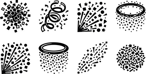 Fototapeta premium Black and white confetti and celebration elements vector art set with streamers and star shapes