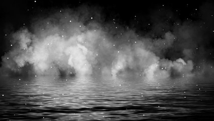 Fototapeta premium Mystery coastal fog . Smoke with particles on the shore . Reflection in water. Texture overlays background. Stock illustration. Design element.