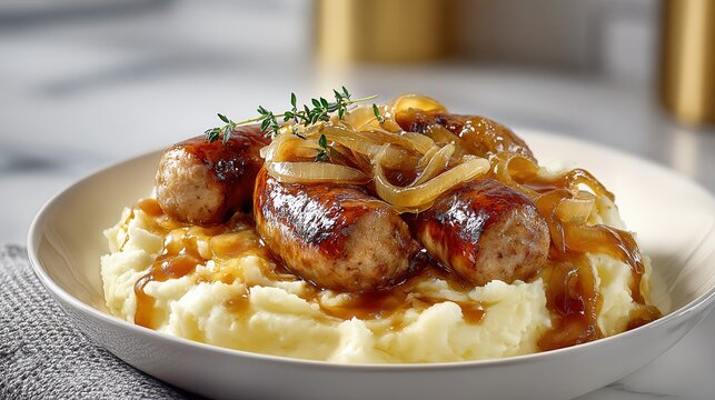 Classic bangers and mash with onion gravy served in a bowl