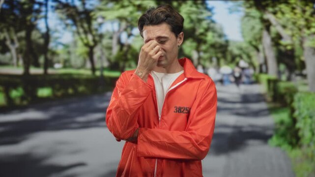Young man in orange prisoner jumpsuit pinches nose for headache on a street lined with trees; regret contemplation.