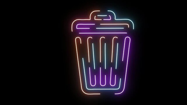 Neon trash can with lid glowing on black background garbage bin waste bin