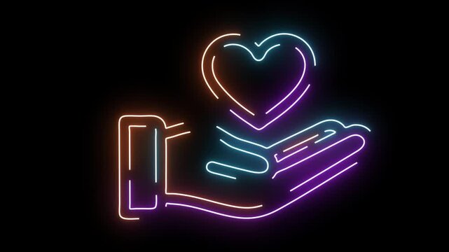 Neon hand holding a heart symbol with colorful glowing lines on black background abstract blue