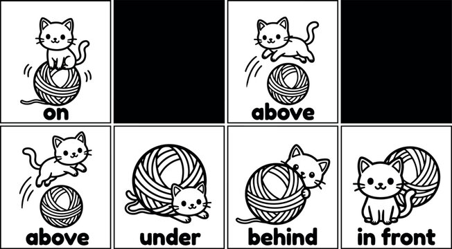 Cat playing with yarn ball showing position words