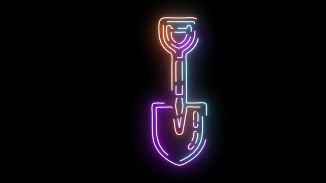 Neon outline of a shovel glowing on black background purple and orange tool digging