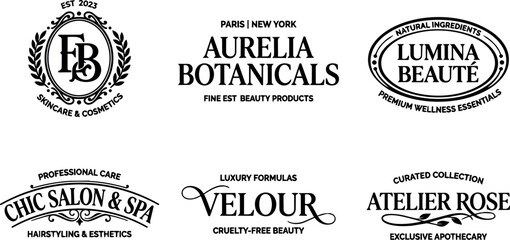 Obraz premium Black and white luxury beauty product logos with serif lettering and ornamental accents