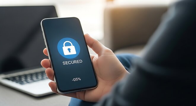 Hand holding smartphone with secured lock on screen lock screen security
