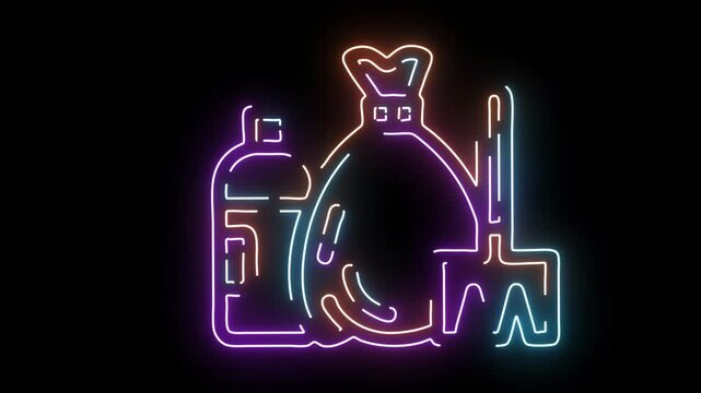 Neon outline of cleaning supplies bottle bag and shovel on black image photo