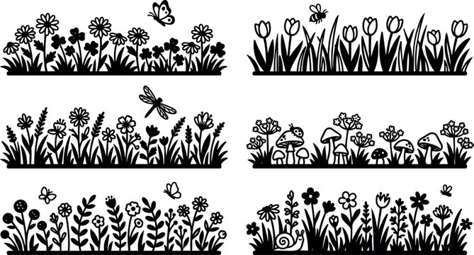 Black and white floral garden borders with insects mushrooms and snail vector art