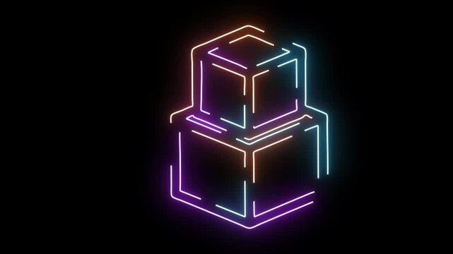 Stacked neon cubes with purple blue and orange glowing lines on black light