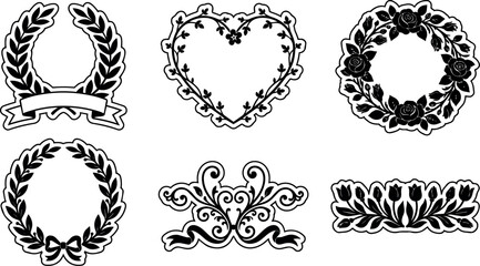Fototapeta premium Black and white floral laurel wreaths and heart shape decorative frames
