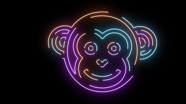 Neon outline of a monkey face with colorful lights on black background glow