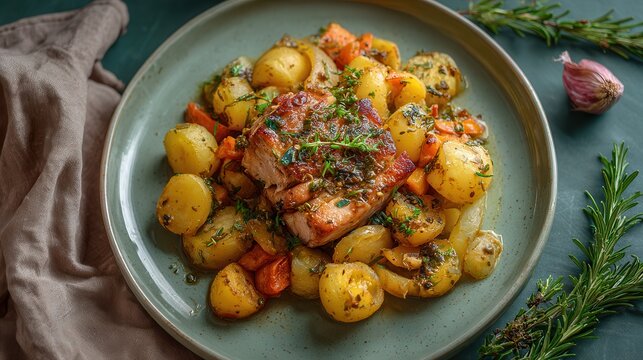 OJakhuri with roasted pork and potatoes served
