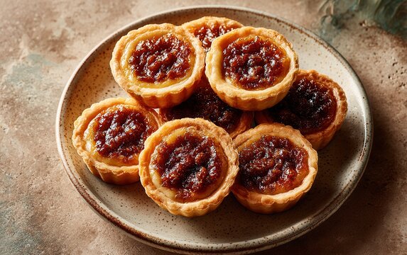 Butter tarts on a plate with a matte sand background