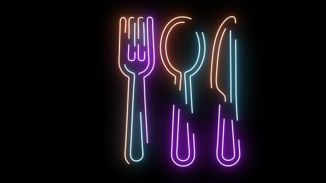 Neon Fork Spoon and Knife with Colorful Glow on Black image photo