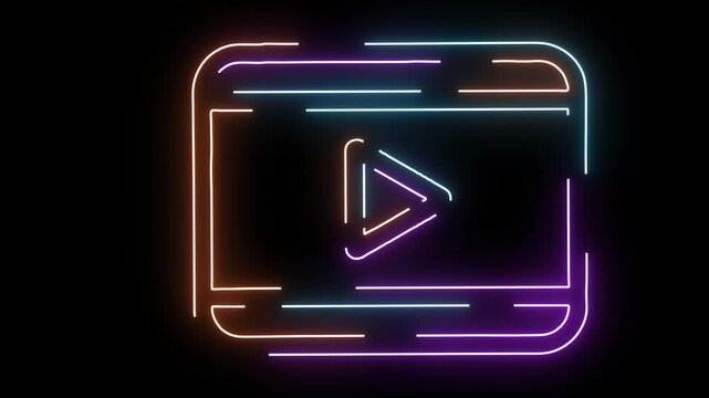 Neon Play Button Icon Inside a Screen Outline on Black Background light