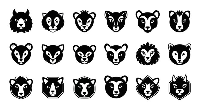 Collection of various animal head logos in black and white, featuring different species with distinct facial features and expressions.
