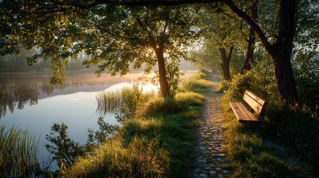 Morning walk alongside a lake with a wooden bench