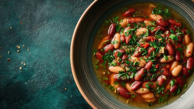 Lobio with stewed red beans in a ceramic bowl on teal
